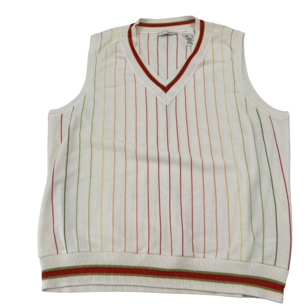 Lizgolf Womens Striped V-Neck Sleeveless Sweater Vest L White Multicolor‎ Cotton